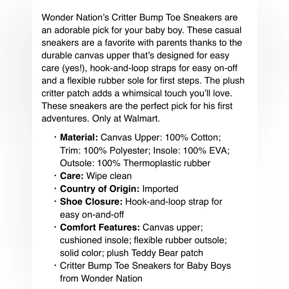 NWT Wonder Nation‎ Teddy Bear Sneakers Infant Boys Size 5 Hook&Loop Canvas Shoes